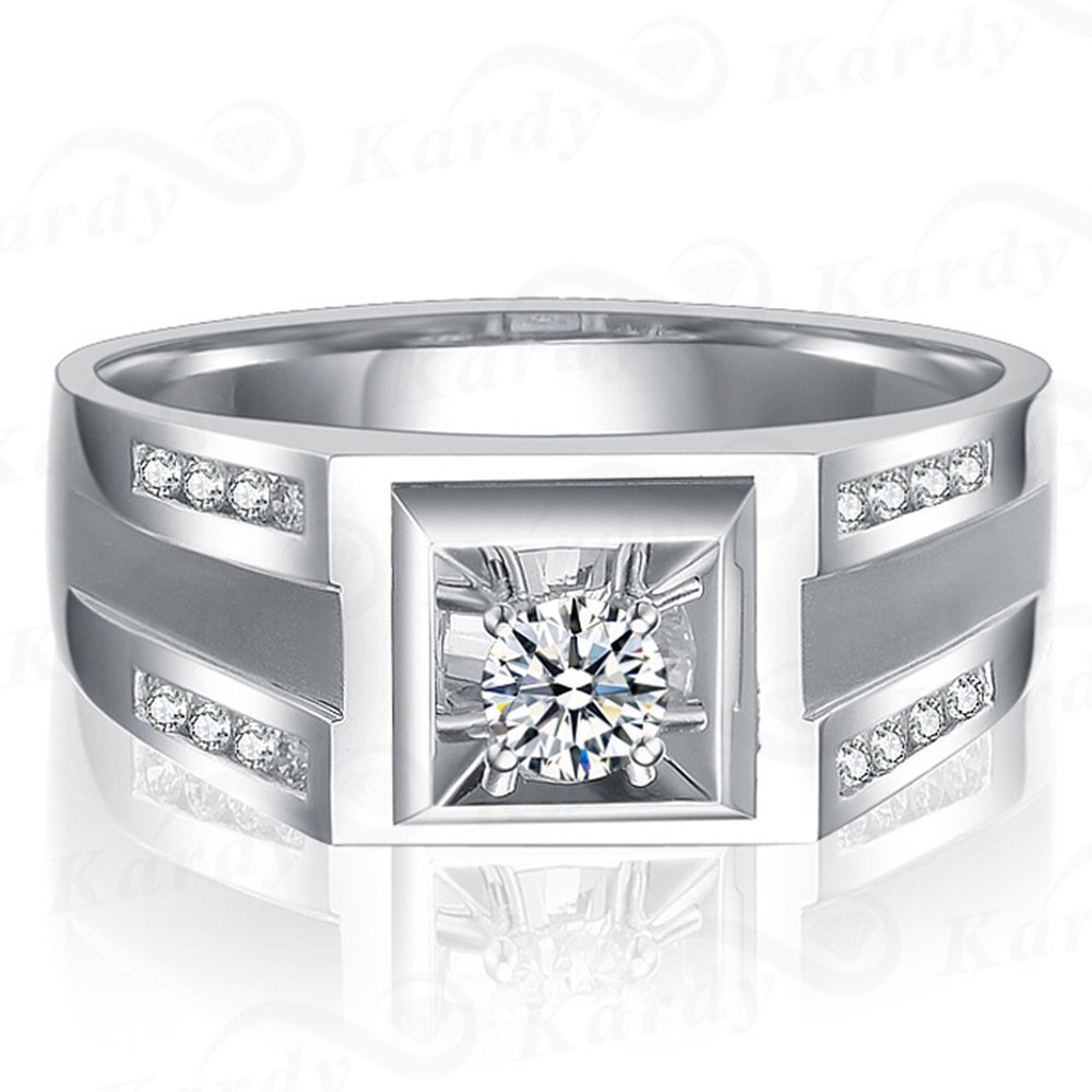 Fashion Men's Real Diamond Bridal 14K White Gold Wedding Engagement Fine Ring