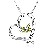 TINGN Women's Heart Butterfly Pendant Necklace, 925 Sterling Silver Heart Chain Pendant, Birthstone Sister Necklaces, Christmas, Birthday Jewellery Gift for Girls Sister