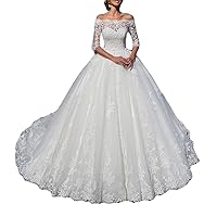 Long Sleeves Lace Tulle 3/4 Sleeves Bride Ball Gowns with Off Shoulder Wedding Dresses for Bride 2022
