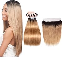 T1B/27 Straight Ombre 3 Bundles with 13×4 Lace Frontal Closure Two Tone Peruvian Ombre Hair with Frontal Closure Baby Hair Pre Plucked Queen Plus Hair (22 24 26+20 inch)