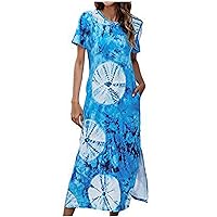 Boho Tie Dye Midi Dresses for Women Casual Crewneck Short Sleeve Side Split Tshirt Dress Summer Beach Going Out Dress