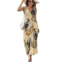 Pug Pizza Party Print Women's Dress V Neck Sleeveless Dress Summer Casual Sundress Loose Maxi Dresses for Beach