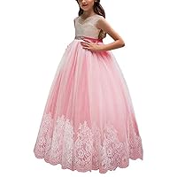VeraQueen Girl's A Line Lace Pageant Ball Gowns O Neckline Cap Sleeves Flower Girl Dress