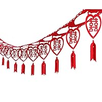 2 Pcs Chinese Traditional Wedding Decoration Supplies Red Hi Word Pull Flowers Hanging Ornament, Felt 3 Meters Pull Hi Wedding Festive Wedding Room Decoration Essential Supplies