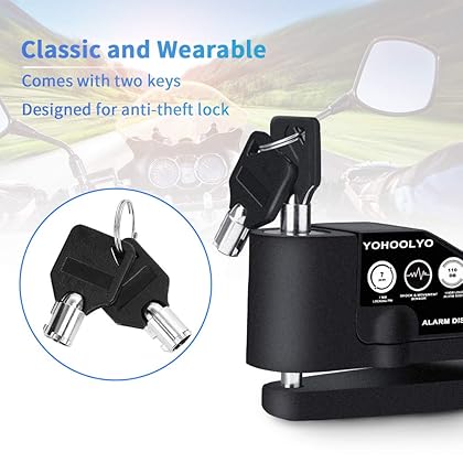 YOHOOLYO Alarm Disc Lock Motorcycle Disc Brake Lock Anti-Theft Waterproof 110 dB 7mm Pin 5ft Reminder Cable for Motorcycles Bike Scooter Carry Pouch (Black)