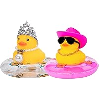 wonuu Swim Ring Rubber Ducks with Cowboy Hat/Crown Sunglasses Necklace for Cars Dashboard Decorations Car Accessories Duck Car Ornament, Pink+Queen