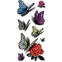 TAFLY（TM） 5 Sheets Waterproof 3d Blue Butterfly Rose Flower Sticker Tattoo Foil Decal Fashion Body Art Fake Tattoo