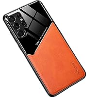 Luxury Business Slim Phone Case PU+TPU Car Magnetic Shockproof Back Cover Tempered Glass Lens Protection for Samsung Galaxy A14 A33 A34 A20S A23 A22 A21S A13 A12 5G 4G(Orange,Samsung A14 5G)