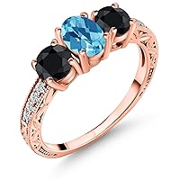 Gem Stone King 2.50 Ct Oval Checkerboard Swiss Blue Topaz Black Sapphire 18K Rose Gold Plated Silver Ring