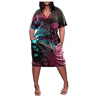 Womens Spring Fashion 2023 Dresses, Women's Summer Plus Size V-Neck Short Sleeve Knee Pocket Printed Casual Dress