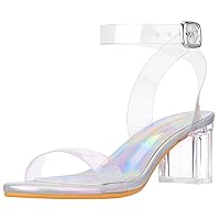 Heels Charm Women's Strappy Clear Chunky Clear Block Low Heeled Sandals 2 Inches Open Toe Ankle Strap High Heel Dress Sandals Daily Work Party Sandal Shoes