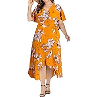Women's Plus Size Wrap Floral Dress Asymmetrical High Low Midi Dresses Lightweight V Neck Ruffle Flowy Dress