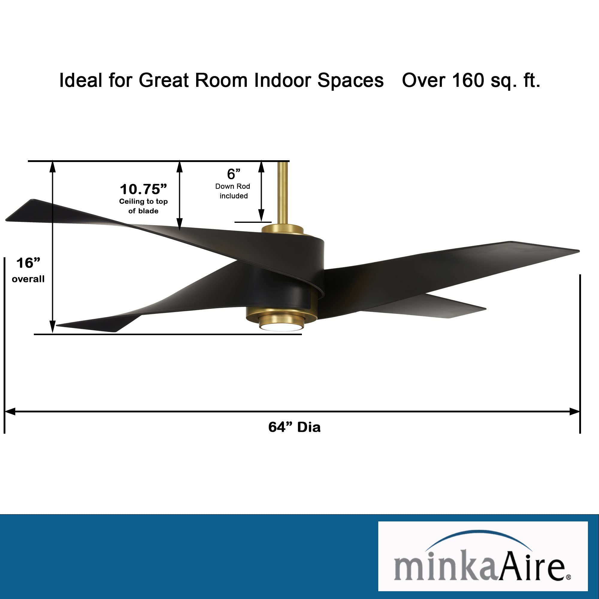 MINKA-AIRE F903L-SBR/MBK Artemis IV 64 Inch Ceiling Fan with LED Light and DC Motor in Soft Brass Finish and Matte Black Blades