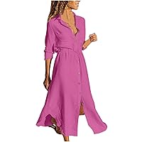 Women's Slimming 3/4 Sleeve Fit-and-Flare Crossover Tummy Control Dress Women Button Down Dress Loose Summer Cotton Linen Dress Ruffle Hem Casual Dress Short Sleeve Tunic Dress