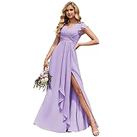 Tsbridal V-Neck Pleated Bridesmaid Dresses Chiffon Long 2023 A-Line Short Sleeve Wedding Party Gown