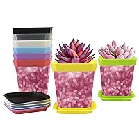 Pink Glitter Effect Twinkle Shiny Plastic Planter Pots, Succulents Flower Pots with Drainage Holes and Tray, 8 Pcs Plant Seedling Pots, Garden Home Windowsill Indoor Decor