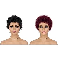 Black & 99J Wig Short Curly Human Hair Wigs for Black Women Glueless Wear and Go Wig None Lace Frontal Wigs