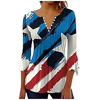 Womens Fourth of July Outfit American 3/4 Length Sleeve 2024 Independence Day Plus Size Casual V-Neck Blouse