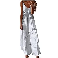 2024 Spaghetti Strap V Neck Vacation Dress Women Summer Vintage Marble Print Maxi Dress Flowy Beach Sundress