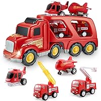 Fire Truck Car Toys Set, Friction Powered Car Carrier Trailer with Sound and Light, Play Vehicle Set for Kids Toddlers Boys Child Gift Age 3 4 5 6 7 Years Old, 2 Rescue Car, Helicopter, Plane