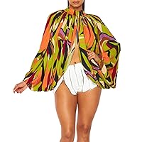 Womens Sexy Printed Tops Lantern Sleeve Front Back Open Turtle Neck Self Tie Casual Dressy Shirts Blouses Outfit Fashion