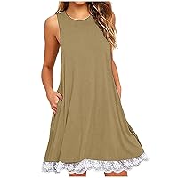 Brand Products Store Women Lace Trim Summer Mini Dress, Sexy Sleeveless T Shirt Dresses Crew Neck Solid Beach Dress Cute Sundress with Pocket Warehouse Warehouse Khaki