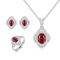 Fine Jewelry Sets Oval Ruby Double Zircon Surrounded Gemstone Charm Pendant Necklace & Stud Earrings & Ring