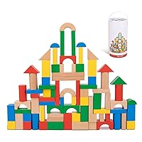 TOOKYLAND 100 Pieces Wooden Building Blocks, Shape Sorting Stacking Toy for Kids with Storage Bucket, Montessori Toys for 1 2 3 Year Old Girls Boys