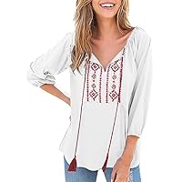 Blouses Women TUDUZ Ladies Fashion Ethnic Style Embroidery Tops Strappy V Neck 3/4 Sleeve Casual T-Shirts Pullover Tops