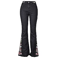 Andongnywell Bell Bottom Jeans Women Casual Floral Embroidered High-Rise Flare Jeans Juniors Wide Legs Long Denim Pants