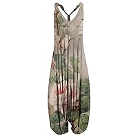Women's Oversized Jumpsuits Size Casual Floral Printed Overalls Loose V Neck Sleeveless Rompers Jumpsuit, S-5XL
