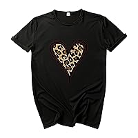 Leopard Love Heart Shirt for Women Valentines Day Casual Short Sleeve T-Shirt Crewneck Simple Fashion Tee Blouses
