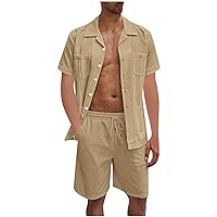 Men's Cotton and Linen Shirts and Shorts Set 2 Pieces Outfits Summer Suit Casual Tracksuit with Pockets Tops