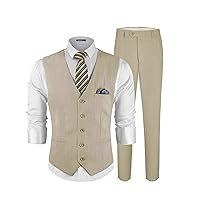 MAGE MALE Men's Linen 2 Piece Suit Slim Fit Wedding Groomsmen Summer Vest Pants Set with Pocket Square