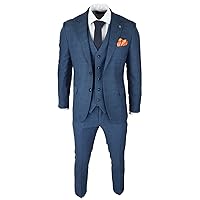 Mens 3 Piece Prince of Wales Check Suit Blue Classic Light Tailored Fit Modern
