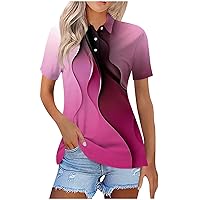 Golf Shirts for Women Short Sleeve Button Shirt Trendy Quick Dry Summer Tops V Neck Plus Size Printed Blouse Tunic