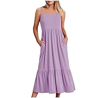 Summer Dresses 2024 Ladies Casual Sexy Solid Color Fashion V-Neck Pleated Large Hem Loose Sleeveless Dress, S-2XL