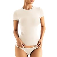 Women Seamless Short Sleeve Tops with Built in Bra Crew Neck Fitted Basic Tee Shirts