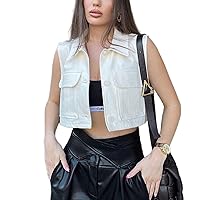 PEHMEA Women's Cotton Collared Button Down Sleeveless Y2K Cropped Vest