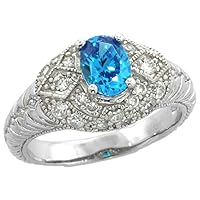 Sterling Silver Vintage Style Blue Topaz Cubic Zirconia Engagement Ring Oval 3/4 ct Center, sizes 6-9