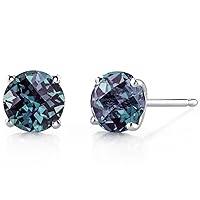 Peora Solid 14K White Gold Created Alexandrite Earrings for Women, Color-changing Solitaire Studs, Round Shape 2 Carats total, AAA Grade Friction Back