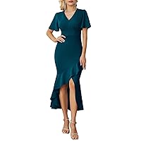 GRACE KARIN 2024 Elegant Ruffle Mermaid Formal Wedding Guest Dress Short Sleeve V-Neck Cocktail Dress for Women Evening Party