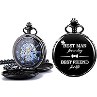 ManChDa Mechanical Double Cover Roman Numerals Dial Skeleton Engraved Pocket Watches with Box and Chain Personalized Custom Engraving for Husband Groomsman Best Man to My Love | King