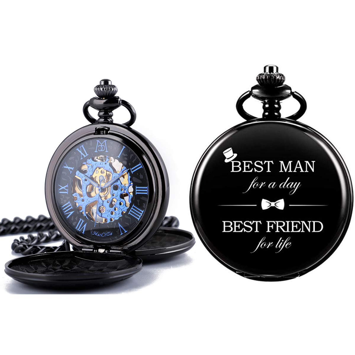 ManChDa Mechanical Double Cover Roman Numerals Dial Skeleton Engraved Pocket Watches with Box and Chain Personalized Custom Engraving for Husband Groomsman Gifts for Men Best to My Love | King