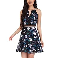 Womens Black Embroidered Zippered Floral Sleeveless Keyhole Short Fit + Flare Dress Juniors 13