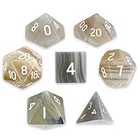 Wiz Dice Handmade Stone Dice - Polyhedral Dice Set for Tabletop RPG Adventure Games with a Dice Bag - DND Dice Set, Suitable for Dungeons and Dragons and Dice Games Alike - Gray Agate - 7 ct
