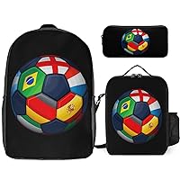 Soccer Football with Flags Print 17 Inch Laptop Backpack Lunch Bag Pencil Case Lightweight 3 Piece Set for Travel Hiking