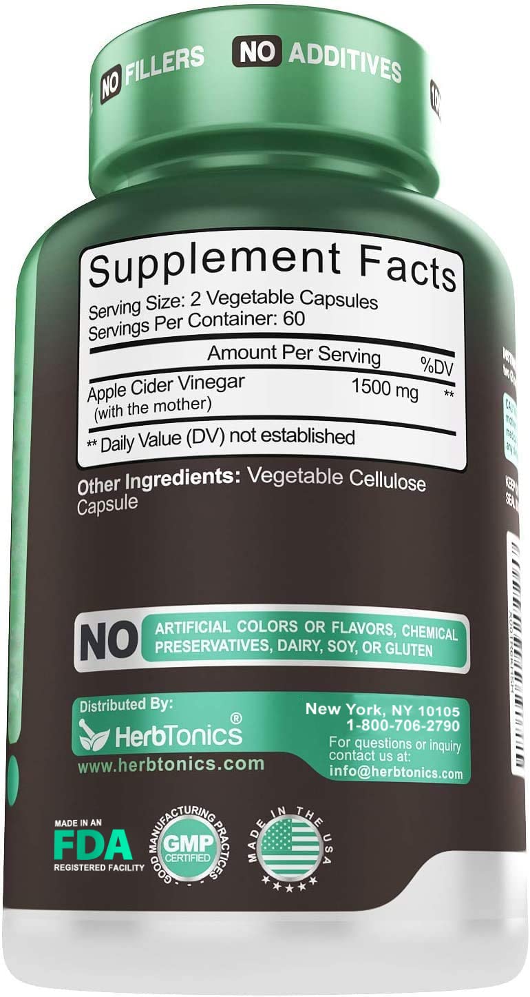 Herbtonics Raw Apple Cider Vinegar Capsules, 1500mg Detox Support (Packaging May Vary)