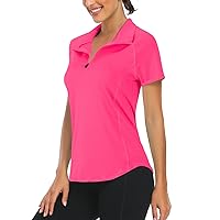 LURANEE Women's Short Sleeve Moisture Wicking Athletic Shirts Quarter Zip Pullover, Hot Pink, L