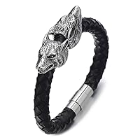 COOLSTEELANDBEYOND Stainless Steel Mens Wolf Head Bracelet with Black Genuine Braided Leather